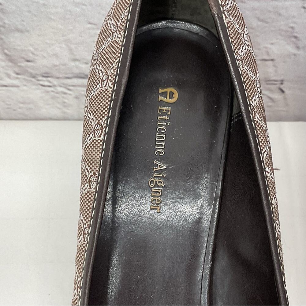 Etienne Aigner Copa Pumps Woman’s 10 Logo Fabric Lether Upper Peep Toe Career - Picture 2 of 11